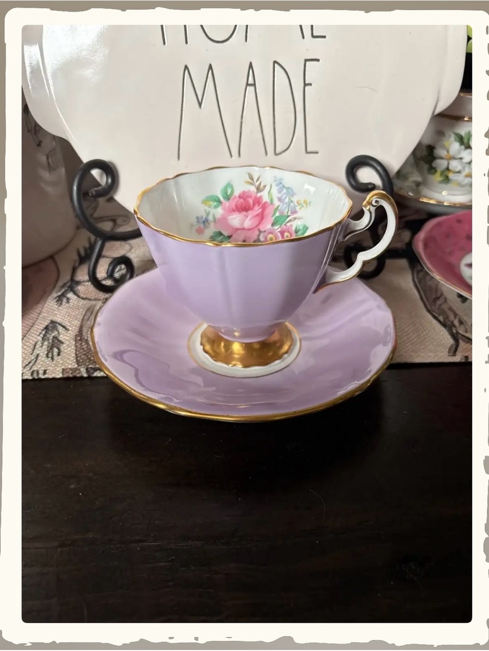 Vintage Lilac Teacup and Saucer with Floral interior and Gold trim